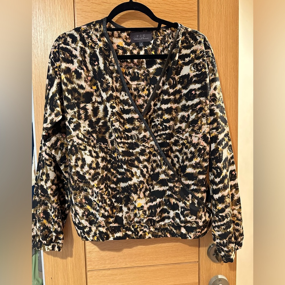 Patterson J. Kincaid Leopard Wrap Top, Leather Trim & Buttons, Size Medium